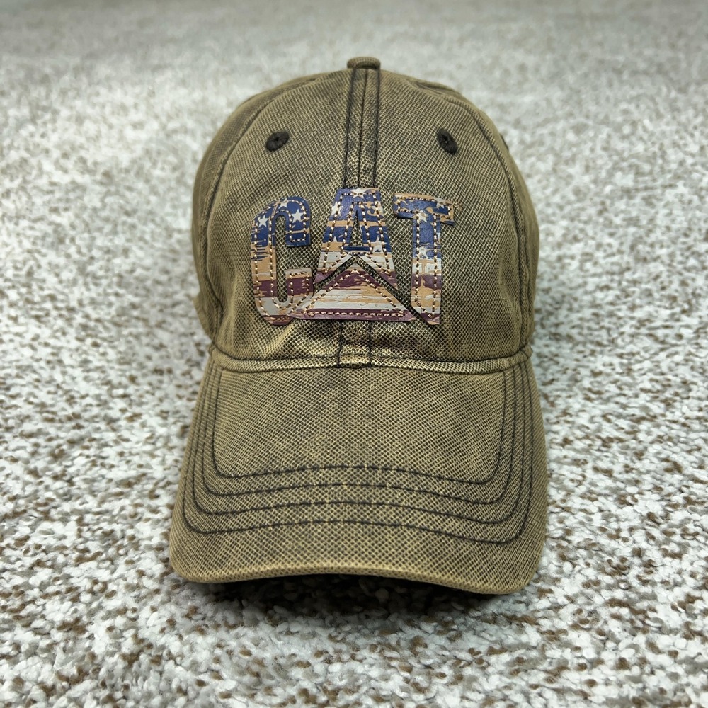 CAT Hat Cap Strap Back Brown American Flag Logo Canvas Workwear Mens Baseball